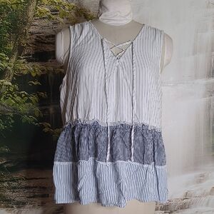 Maurices Womens 3X Navy Blue White Striped Sleeveless Ruffle Flowy Top